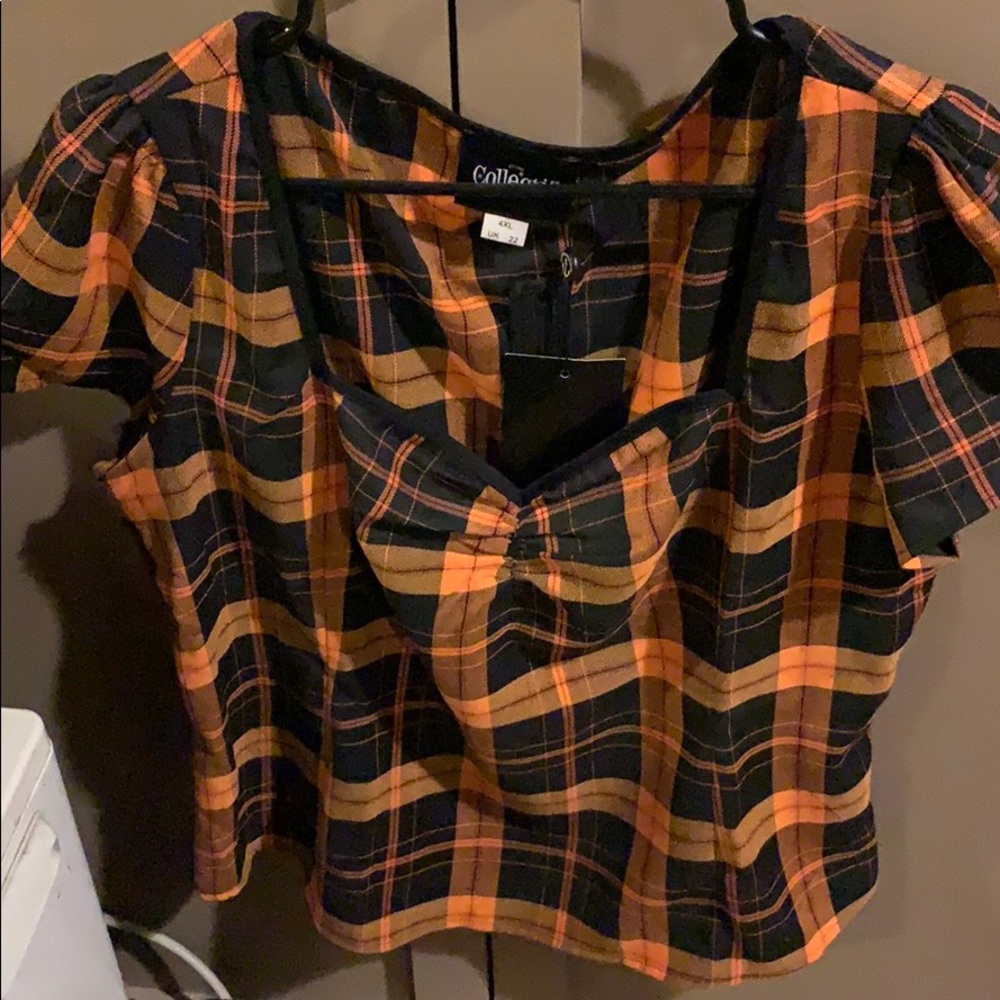 Collectif Mimi blouse black and orange plaid